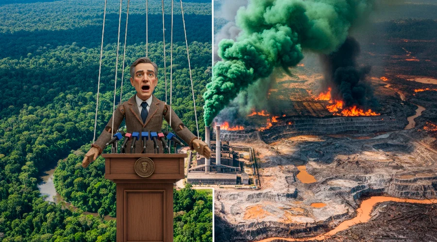 É notável a contradição no debate da COP 30 - uma Conferência voltada a proteger o clima, recuperar e "salvar o planeta" - quando os principais agentes poluidores e destruidores são justamente aqueles que cometem verdadeiros crimes ambientais e têm voz nas salas de negociação. Arte: Fabrício Vinhas/Amazônia Latitude.