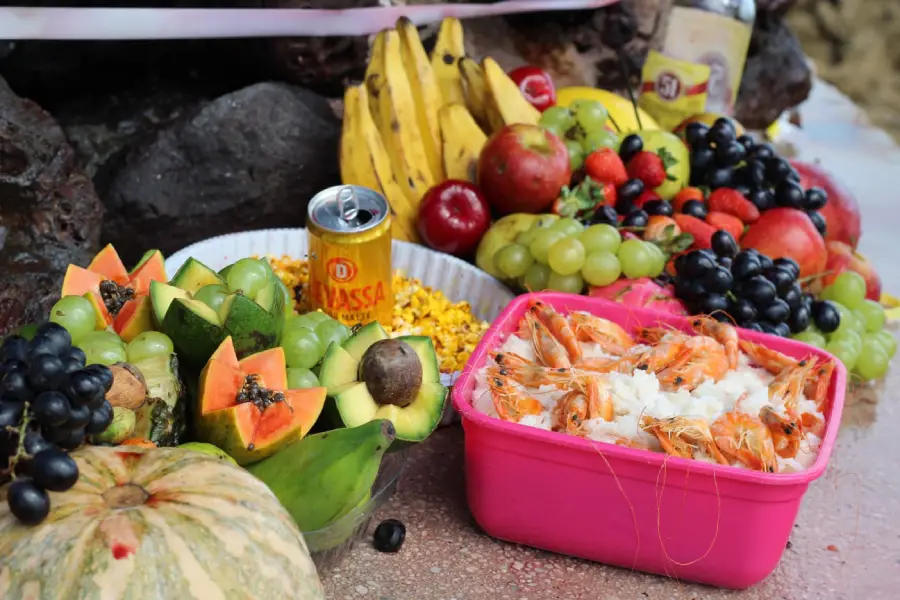A íntima conexão entre o sagrado e o ecológico. A abundância e a beleza dos alimentos, muitas vezes dispostos em preparações cerimoniais, ilustram o papel dos povos de terreiro como guardiões da natureza e o sucesso das tecnologias ancestrais que garantem a vida. Foto: Juliana Carvalho/Amazônia Latitude.