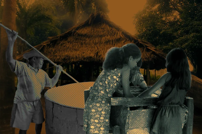 No mundo-vida da mandioca, a Casa do Forno — também chamada de casa de farinha ou retiro — ergue-se como um espaço emblemático, um território de saber-fazer e de transformação da matéria em comida. Fotos: Miguel Picanço. Arte: Fabrício Vinhas.