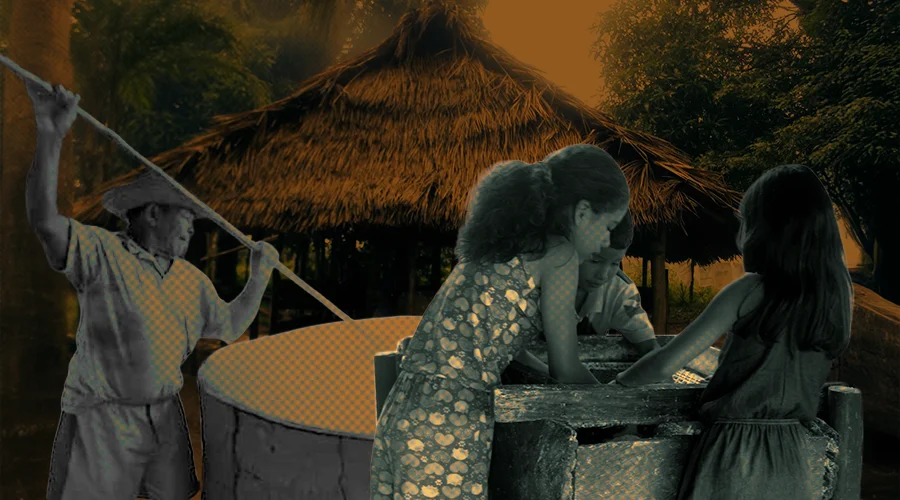 No mundo-vida da mandioca, a Casa do Forno — também chamada de casa de farinha ou retiro — ergue-se como um espaço emblemático, um território de saber-fazer e de transformação da matéria em comida. Fotos: Miguel Picanço. Arte: Fabrício Vinhas.