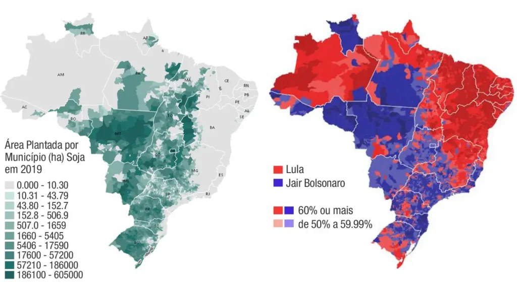 Correlação entre a expansão da fronteira da soja e a geografia política no Brasil. À esquerda, a mancha de ocupação do monocultivo em 2019; à direita, o mapa eleitoral que evidencia como a expansão das frentes econômicas no oeste do Pará encontra lastro em determinados projetos de poder.