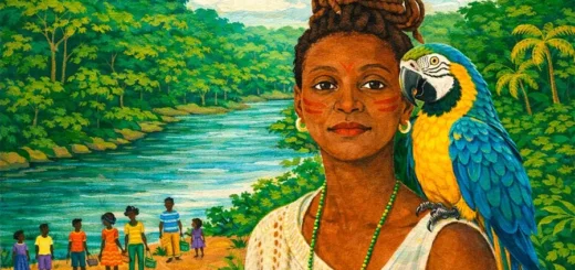 Maria das Dores carrega na pele o brilho da linhagem de Mansa Musa e o saber profundo de Jurema Preta. A pele que brilha é, antes de tudo, um ato de resistência, mesmo diante da violência colonial. Imagem: Fabrício Vinhas/Amazônia Latitude.