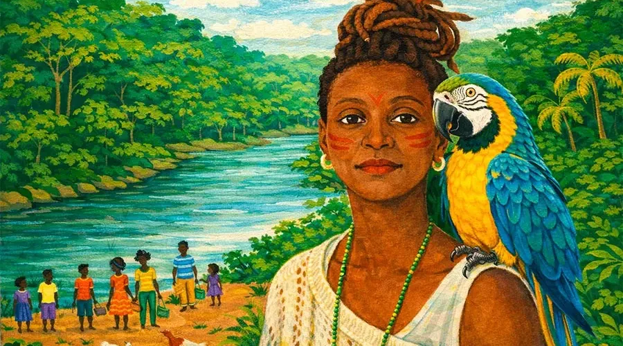 Maria das Dores carrega na pele o brilho da linhagem de Mansa Musa e o saber profundo de Jurema Preta. A pele que brilha é, antes de tudo, um ato de resistência, mesmo diante da violência colonial. Imagem: Fabrício Vinhas/Amazônia Latitude.