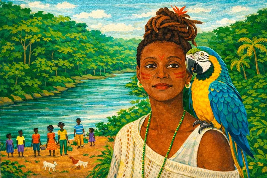 Maria das Dores carrega na pele o brilho da linhagem de Mansa Musa e o saber profundo de Jurema Preta. A pele que brilha é, antes de tudo, um ato de resistência, mesmo diante da violência colonial. Imagem: Fabrício Vinhas/Amazônia Latitude.