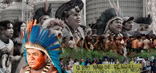 Povos Indígenas cercam os silos da transnacional Cargill no Rio Tapajós. O levante denuncia a privatização de rios ancestrais e propõe o fim das 'rotas de sacrifício' na Amazônia. Arte: Fabrício Vinhas/Amazônia Latitude.