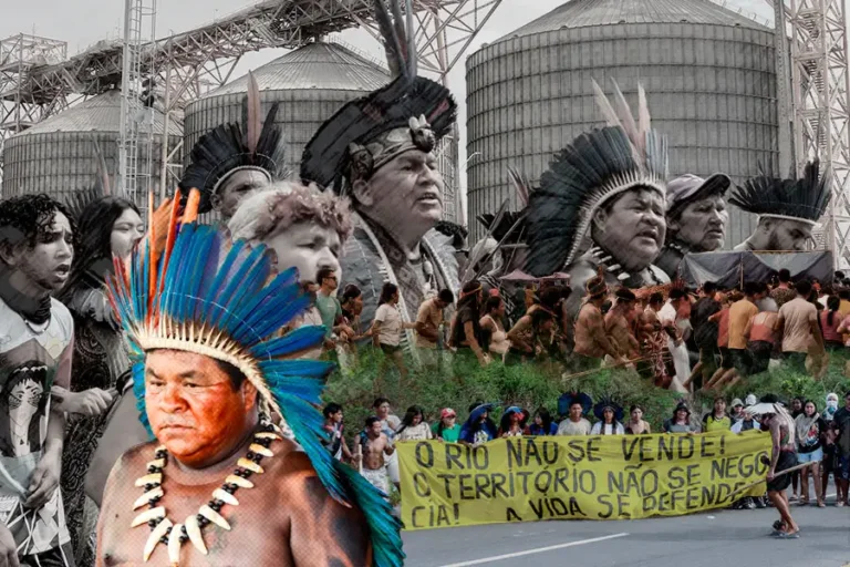 Povos Indígenas cercam os silos da transnacional Cargill no Rio Tapajós. O levante denuncia a privatização de rios ancestrais e propõe o fim das 'rotas de sacrifício' na Amazônia. Arte: Fabrício Vinhas/Amazônia Latitude.