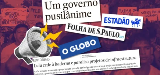 A gramática do silenciamento: imprensa hegemônica coordenou uma narrativa de criminalização contra a resistência indígena no Tapajós. Arte: Fabrício Vinhas/Amazônia Latitude.