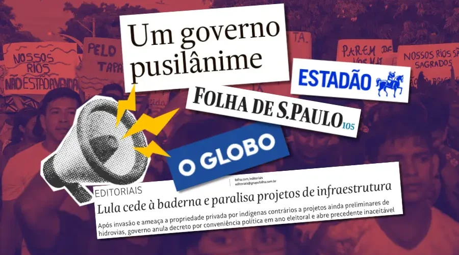 A gramática do silenciamento: imprensa hegemônica coordenou uma narrativa de criminalização contra a resistência indígena no Tapajós. Arte: Fabrício Vinhas/Amazônia Latitude.