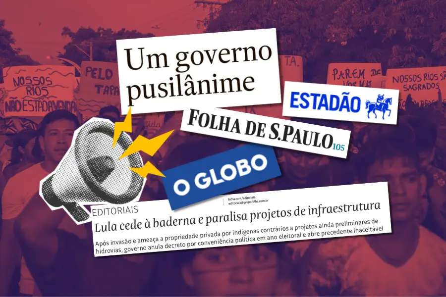 A gramática do silenciamento: imprensa hegemônica coordenou uma narrativa de criminalização contra a resistência indígena no Tapajós. Arte: Fabrício Vinhas/Amazônia Latitude.