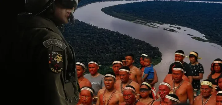 A nova centralidade estratégica da Amazônia revela um território disputado por minerais críticos e rotas de escoamento onde a presença militar e a resistência dos povos tradicionais definem os novos rumos da soberania nacional em um cenário de guerra global. Arte: Loan Bastos/Amazônia Latitude.