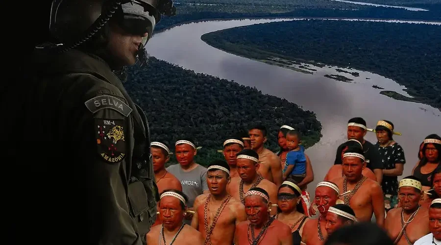 A nova centralidade estratégica da Amazônia revela um território disputado por minerais críticos e rotas de escoamento onde a presença militar e a resistência dos povos tradicionais definem os novos rumos da soberania nacional em um cenário de guerra global. Arte: Loan Bastos/Amazônia Latitude.