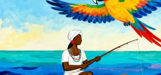 O corpo que pesca é o mesmo corpo que reza. Mergulhe na história de Maria do Socorro, a pescadeira que conversa com as águas e foi escolhida pela Cabocla Mariana para guiar o Cereré. Uma jornada sobre ancestralidade e o poder das manualidades e encantariedades. Arte: Fabrício Vinhas.