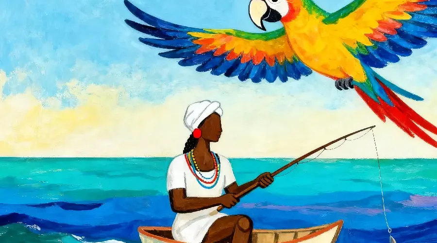 O corpo que pesca é o mesmo corpo que reza. Mergulhe na história de Maria do Socorro, a pescadeira que conversa com as águas e foi escolhida pela Cabocla Mariana para guiar o Cereré. Uma jornada sobre ancestralidade e o poder das manualidades e encantariedades. Arte: Fabrício Vinhas.