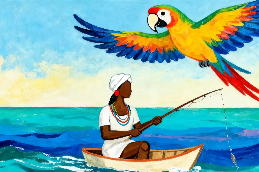 O corpo que pesca é o mesmo corpo que reza. Mergulhe na história de Maria do Socorro, a pescadeira que conversa com as águas e foi escolhida pela Cabocla Mariana para guiar o Cereré. Uma jornada sobre ancestralidade e o poder das manualidades e encantariedades. Arte: Fabrício Vinhas.