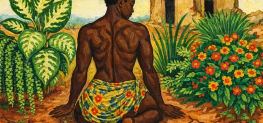 O corpo-território de Maria do Livramento: onde a força do trapézio encontra o escudo das ervas sagradas e a resistência brota da terra seca. Arte: Fabrício Vinhas/Amazônia Latitude.