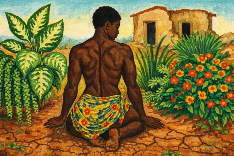 O corpo-território de Maria do Livramento: onde a força do trapézio encontra o escudo das ervas sagradas e a resistência brota da terra seca. Arte: Fabrício Vinhas/Amazônia Latitude.