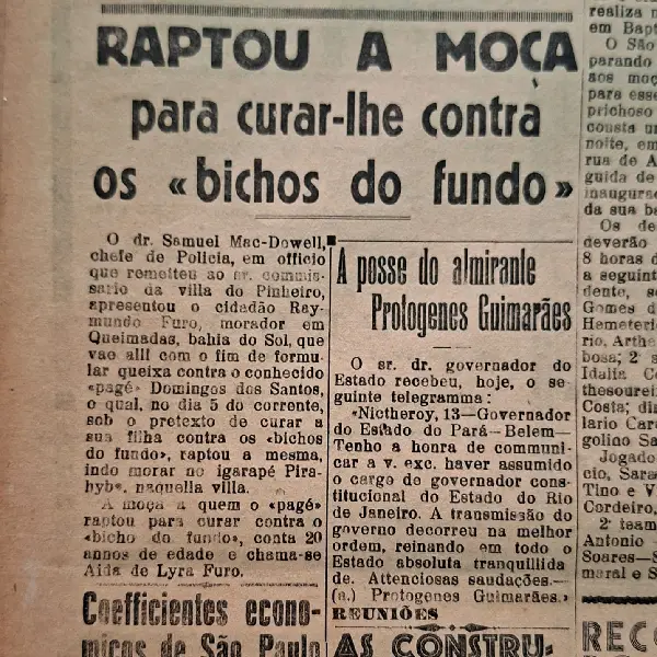 Páginas de polícia: Recorte do jornal O Imparcial (14 de novembro de 1935) criminalizando a prática da pajelança sob a acusação de rapto para cura de 'bichos do fundo'. Foto: Reprodução / Arquivo Público do Estado do Pará (APEP).