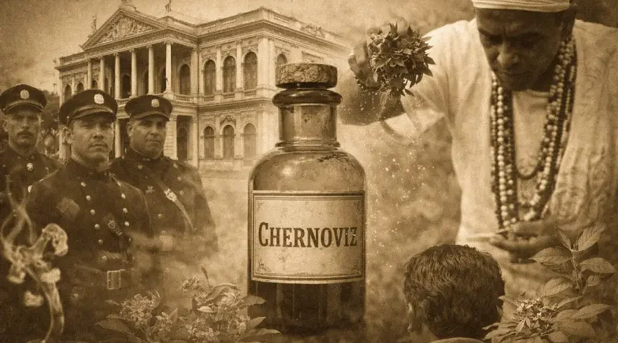 Pajés, policiais e modernistas: O conflito entre o modelo civilizatório europeu e os saberes afro-amazônicos no subúrbio de Belém. Arte: Fabrício Vinhas/Amazônia Latitude.