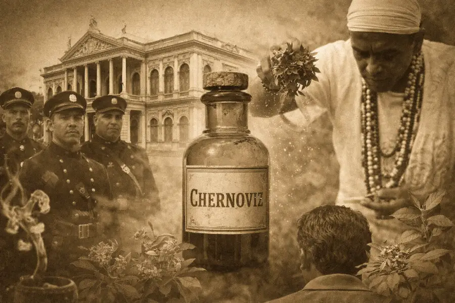 Pajés, policiais e modernistas: O conflito entre o modelo civilizatório europeu e os saberes afro-amazônicos no subúrbio de Belém. Arte: Fabrício Vinhas/Amazônia Latitude.