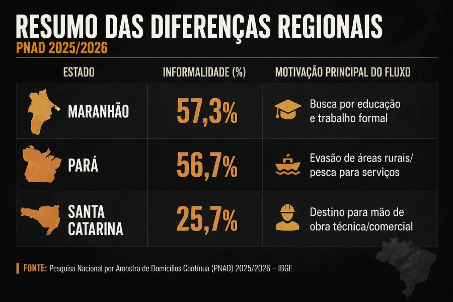 O contraste entre os níveis de informalidade revela dinâmicas estruturais que orientam os fluxos migratórios no país, conectando territórios de origem com menor oferta de trabalho formal a regiões que concentram oportunidades. Arte: Juliana Carvalho/Amazônia Latitude.