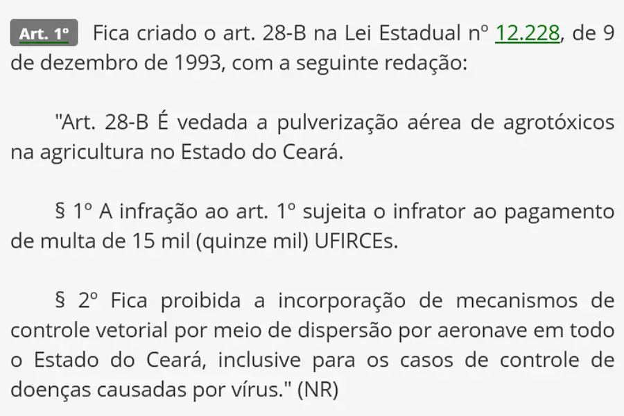 Precedente histórico: Trecho da legislação do Ceará que baniu a pulverização aérea de agrotóxicos. A lei serve de base jurídica e inspiração para movimentos sociais que buscam medida semelhante no Maranhão. Reprodução.