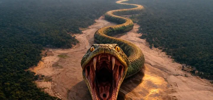 "Vó Zefinha esperava a cobra-canoa com o Rio Negro na boca." Uma narrativa sobre a morte, o delírio e a sede em um Amazonas que virou sertão. Quando o rio seca, o que resta é o tremor da memória e o veneno da terra. Arte: Loan Bastos.