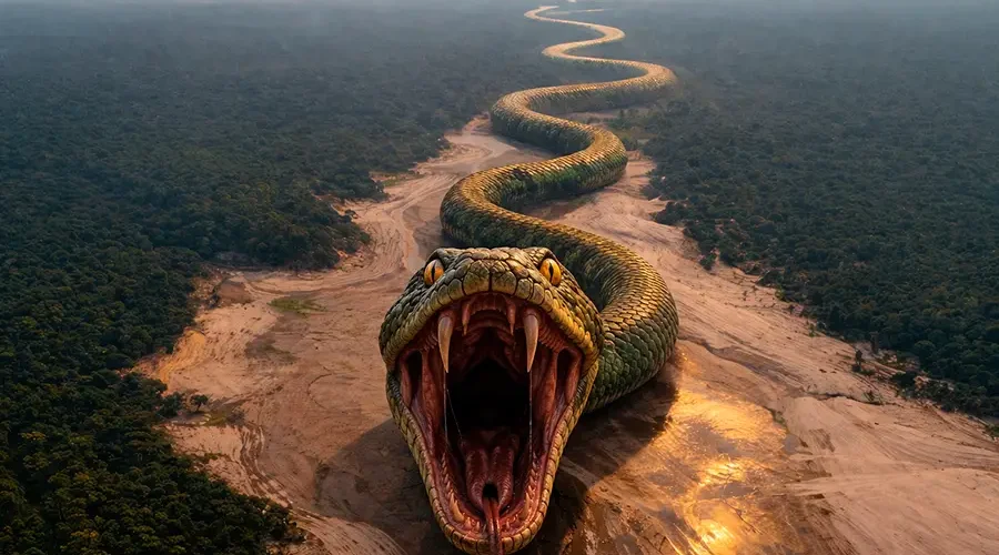 "Vó Zefinha esperava a cobra-canoa com o Rio Negro na boca." Uma narrativa sobre a morte, o delírio e a sede em um Amazonas que virou sertão. Quando o rio seca, o que resta é o tremor da memória e o veneno da terra. Arte: Loan Bastos.