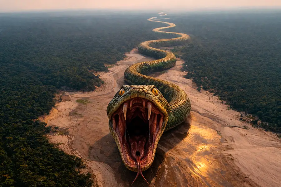 "Vó Zefinha esperava a cobra-canoa com o Rio Negro na boca." Uma narrativa sobre a morte, o delírio e a sede em um Amazonas que virou sertão. Quando o rio seca, o que resta é o tremor da memória e o veneno da terra. Arte: Loan Bastos.