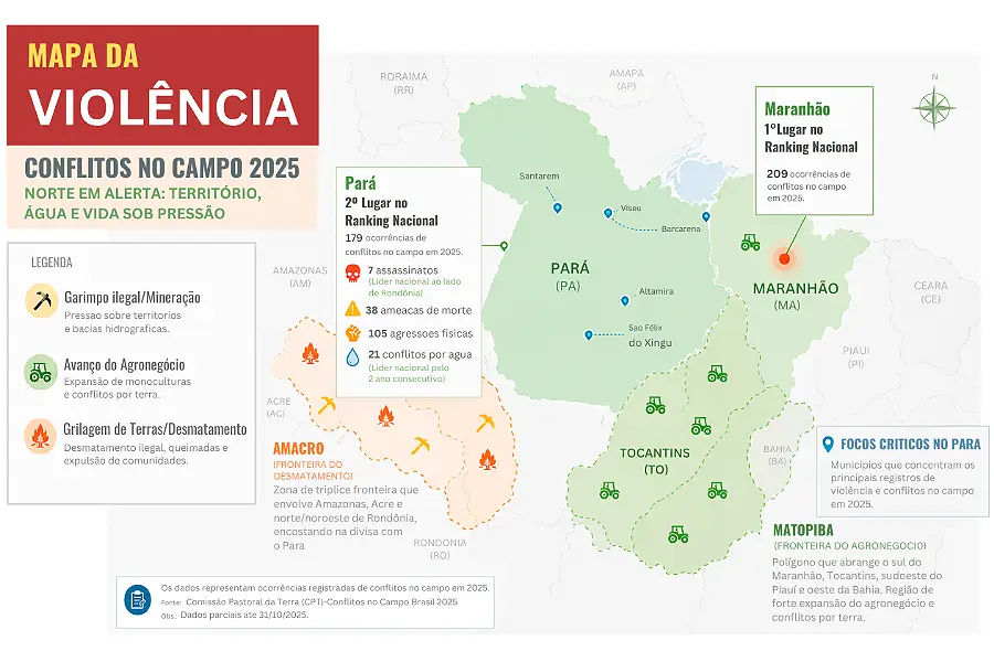 O Maranhão e o Pará estão no topo do ranking nacional de ocorrências e a pressão nas fronteiras econômicas do MATOPIBA e AMACRO. Arte: Fabrício Vinhas/Amazônia Latitude.
