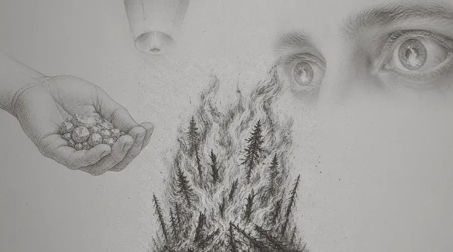 O ouro como isca, o fogo como destino. 'O Pecado' mergulha na mente de quem vê a Amazônia apenas como território de conquista e impunidade. Arte: Loan Bastos/Amazônia Latitude.