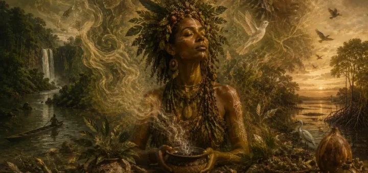 As práticas de encantamento, as medicinas tradicionais e as mandingas como chaves de cura e retomada do pertencimento cosmológico. Arte: FabrÍcio Vinhas/Amazônia Latitude.