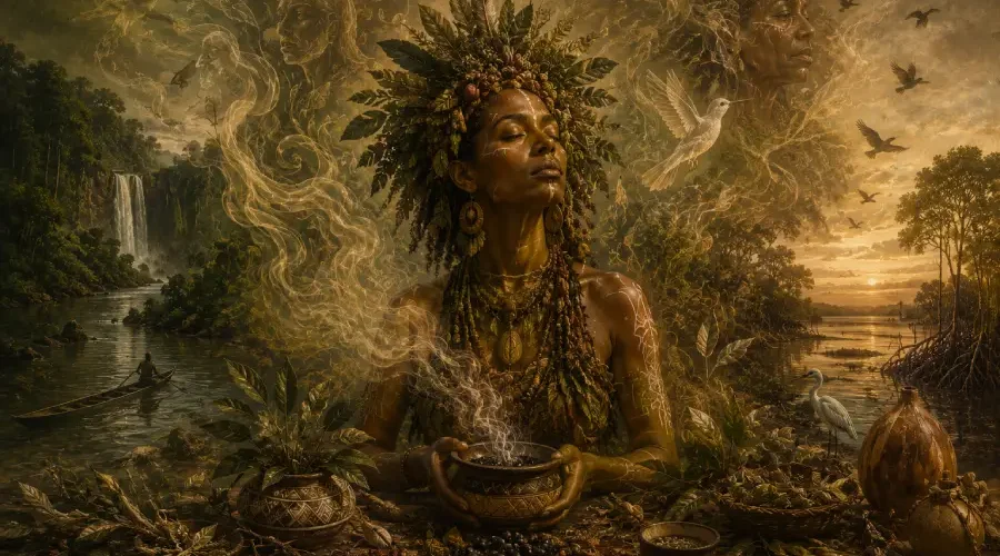 As práticas de encantamento, as medicinas tradicionais e as mandingas como chaves de cura e retomada do pertencimento cosmológico. Arte: FabrÍcio Vinhas/Amazônia Latitude.
