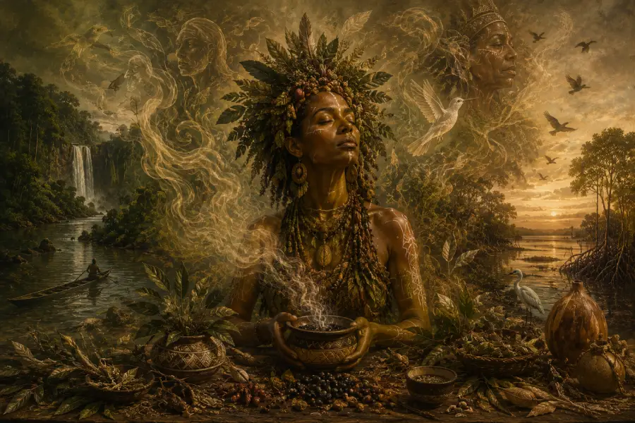 As práticas de encantamento, as medicinas tradicionais e as mandingas como chaves de cura e retomada do pertencimento cosmológico. Arte: FabrÍcio Vinhas/Amazônia Latitude.