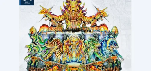 A fúria de Itigã’s e a resistência ontológica: A representação artística da arena condensa a complexidade da diplomacia cósmica. Arte: Reprodução / Revista Boi Caprichoso 2025.
