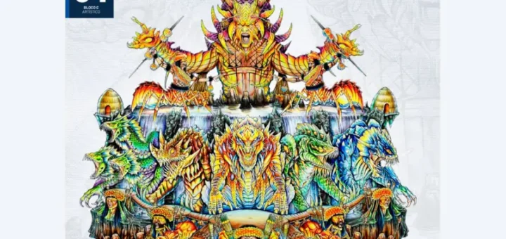 A fúria de Itigã’s e a resistência ontológica: A representação artística da arena condensa a complexidade da diplomacia cósmica. Arte: Reprodução / Revista Boi Caprichoso 2025.