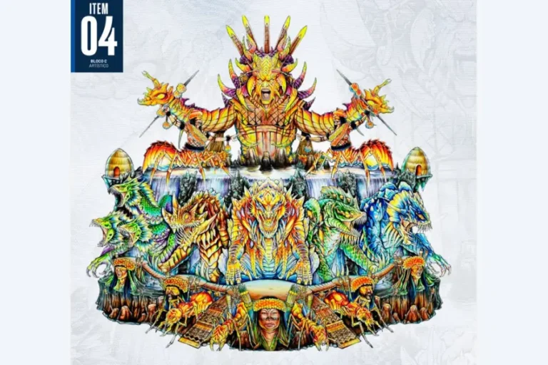 A fúria de Itigã’s e a resistência ontológica: A representação artística da arena condensa a complexidade da diplomacia cósmica. Arte: Reprodução / Revista Boi Caprichoso 2025.