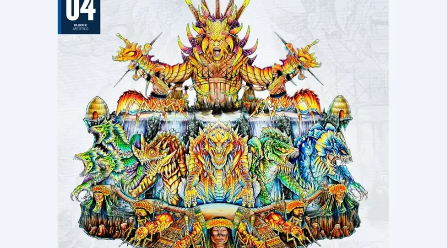 A fúria de Itigã’s e a resistência ontológica: A representação artística da arena condensa a complexidade da diplomacia cósmica. Arte: Reprodução / Revista Boi Caprichoso 2025.