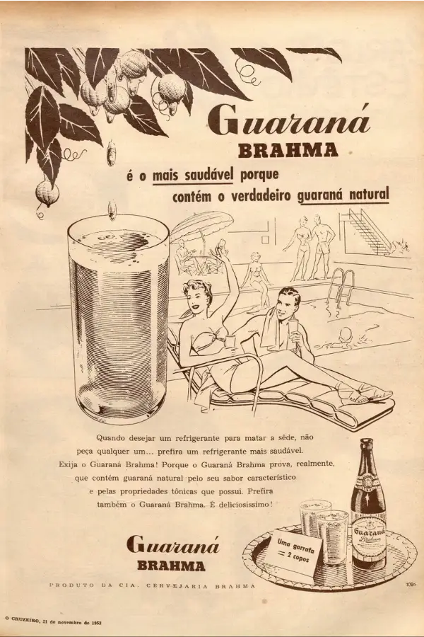 Campanha de 1953 associando o consumo de Guaraná Brahma à modernidade, ao lazer de elite e a imagens de saúde e refresco. Imagem: Livro Guaraná/Acervo histórico.