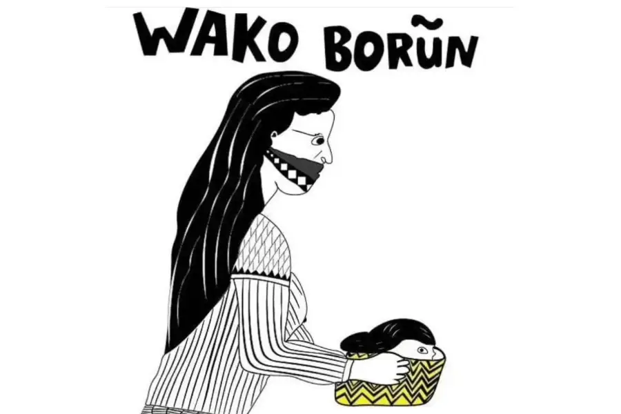 Logotipo oficial do Coletivo das Mulheres Munduruku Wakoborũn. Guerreira ancestral resgatando a cabeça de seu irmão Wakorebu das mãos do povo inimigo. Foto: Reprodução / Instagram @associacaowakoborun.