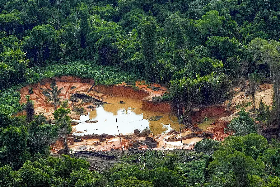 Cratera e poço de decantação de garimpo ilegal abertos no interior da floresta, na região de Surucucu, Terra Indígena Yanomami (RR). Foto: Leo Otero/MPI.