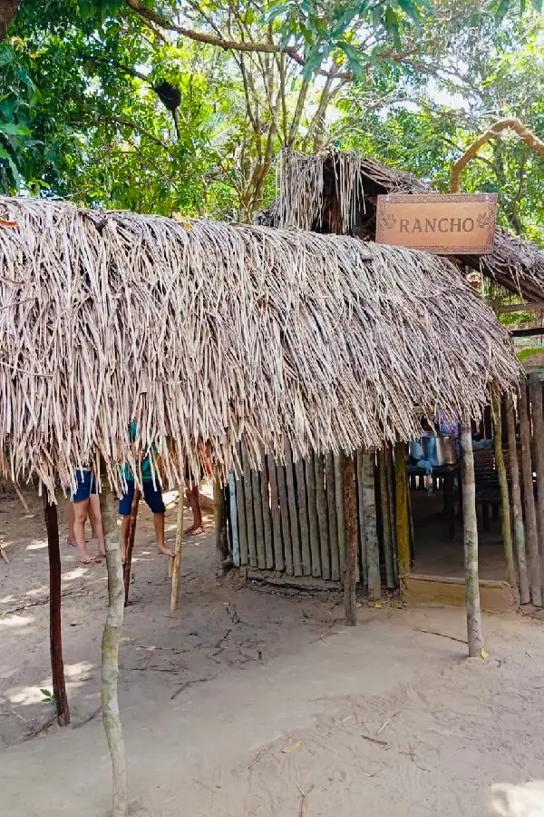 O rancho tradicional com esteios de madeira nativa e cobertura de palha: espaço de trabalho coletivo, descanso e realização de oficinas no Quintal Ancestral. Foto: Miguel Picanço/Amazônia Latitude.