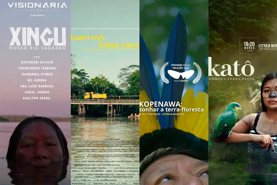  A 15ª edição do Filmambiente reúne cerca de 60 filmes brasileiros e internacionais em programação presencial e online. Entre as produções em destaque estão: Xingu, Nosso Rio Sagrado, Viver Bem: ñtse canseye, Kopenawa: Sonhar a Terra-Floresta e Katô: Sonhos da Terra Escura. Montagem: Loan Bastos/Amazônia Latitude.