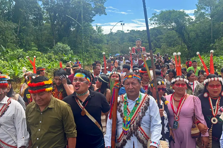 Indigenous leaders from the Ecuadorian Amazon march through Puyo, Ecuador, on Aug. 21 in opposition to the expansion of oil, mining and other extractive industry projects in the rainforest and surrounding ecosystems. Credit: Katie Surma/Inside Climate News.