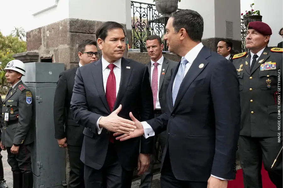 Secretary of State Marco Rubio (left) and Ecuador’s Foreign Affairs Minister Roberto Kury shake hands after a press conference in Quito on Wednesday. Credit: Inside Climate News.